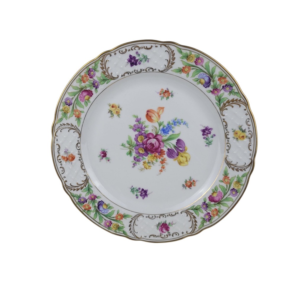 Schumann Germany Empress Dresden Flowers Porcelain Dinner Plate Gold Trim‎ 10"